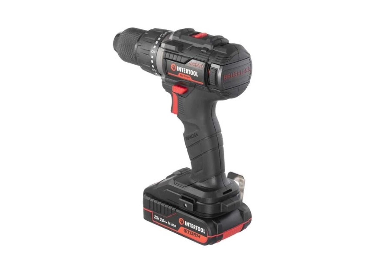 Дриль-шуруповерт акумуляторний з безщітковим двигуном 20 В, 60 Нм, 0-500/0-2000 об/хв., 2-13 мм, Li-Ion, 2.0 Аг, ЗП 2 А, кейс INTERTOOL WT-0360 