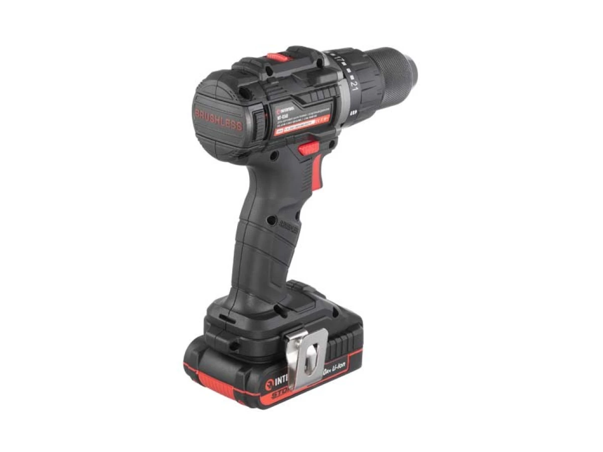 Дриль-шуруповерт акумуляторний з безщітковим двигуном 20 В, 60 Нм, 0-500/0-2000 об/хв., 2-13 мм, Li-Ion, 2.0 Аг, ЗП 2 А, кейс INTERTOOL WT-0360 