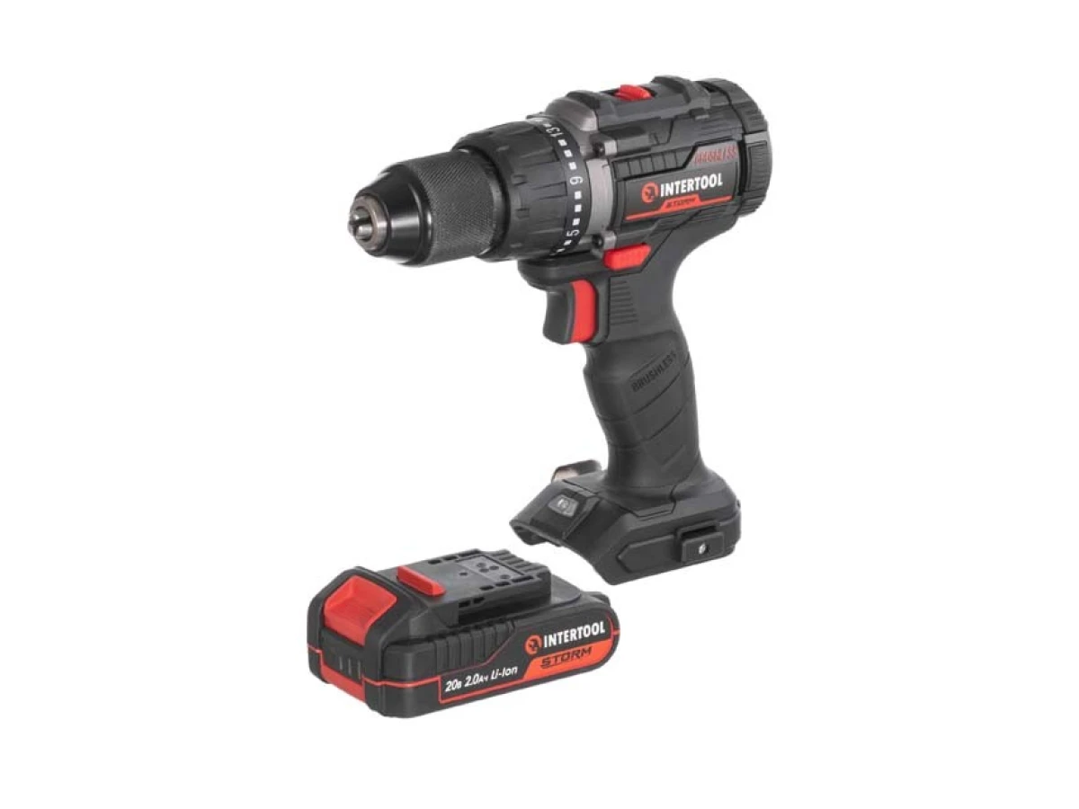 Дриль-шуруповерт акумуляторний з безщітковим двигуном 20 В, 60 Нм, 0-500/0-2000 об/хв., 2-13 мм, Li-Ion, 2.0 Аг, ЗП 2 А, кейс INTERTOOL WT-0360 