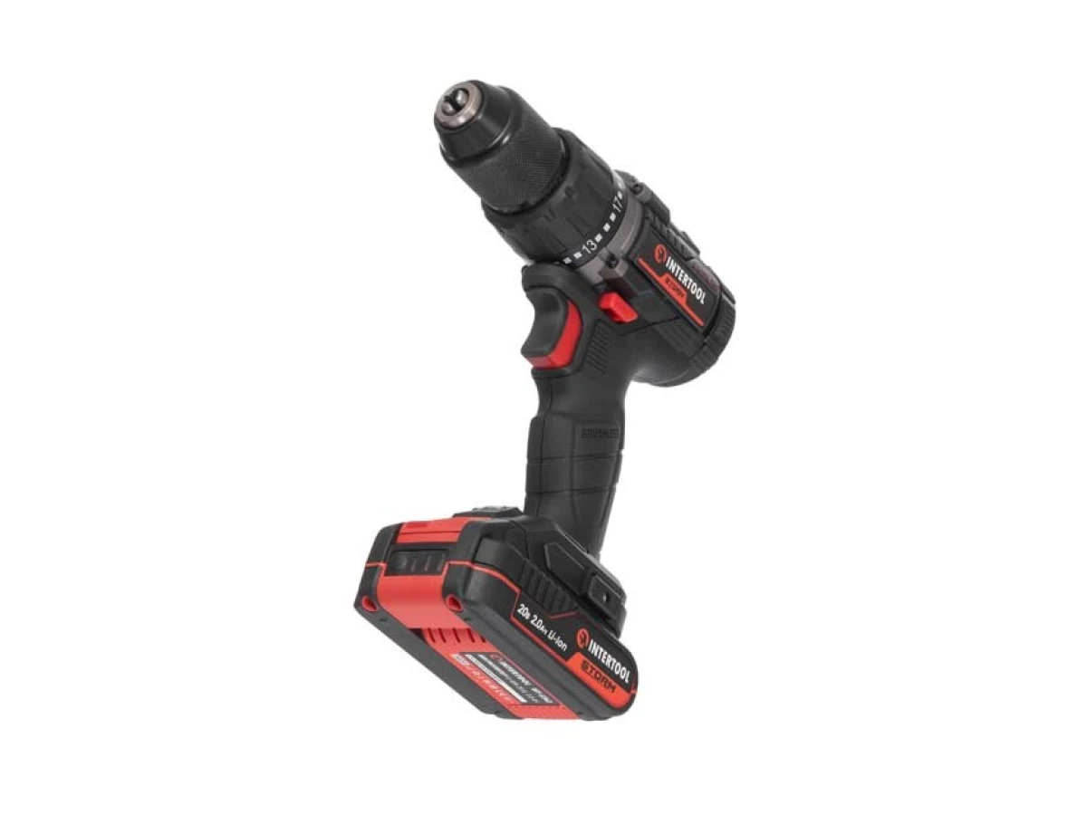 Дриль-шуруповерт акумуляторний з безщітковим двигуном 20 В, 60 Нм, 0-500/0-2000 об/хв., 2-13 мм, Li-Ion, 2.0 Аг, ЗП 2 А, кейс INTERTOOL WT-0360 