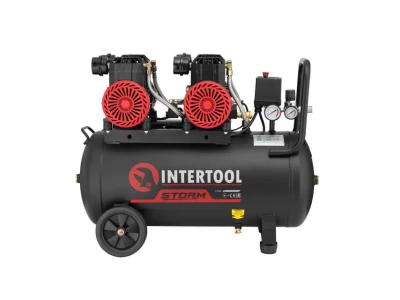 Компрессор 50 л, 2x1.1кВт, 220В, 8атм, 400 л/мин, 2800 об/мин, безмасляный, 4 цилиндра INTERTOOL PT-0030