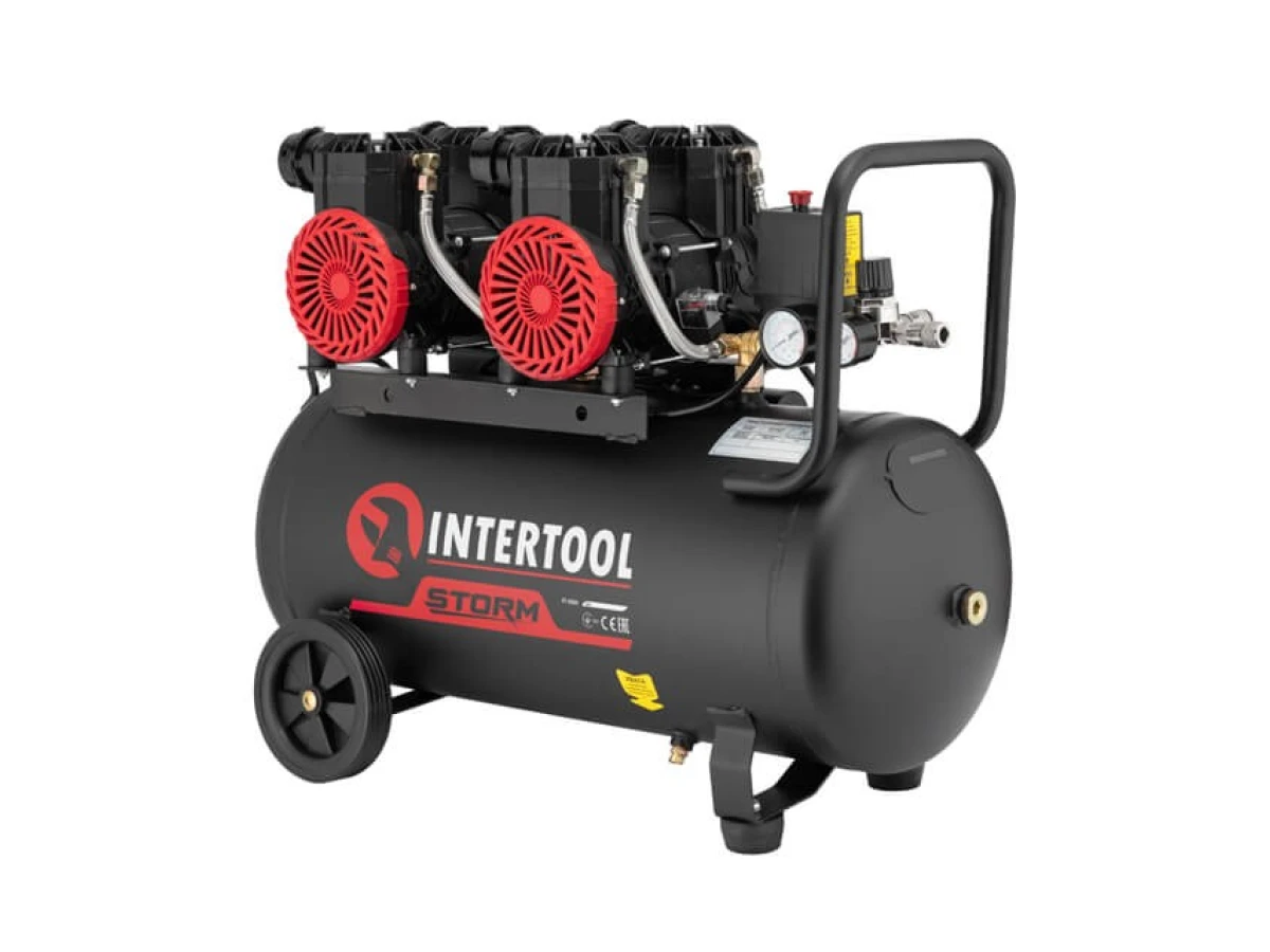 Компрессор 50 л, 2x1.1кВт, 220В, 8атм, 400 л/мин, 2800 об/мин, безмасляный, 4 цилиндра INTERTOOL PT-0030 