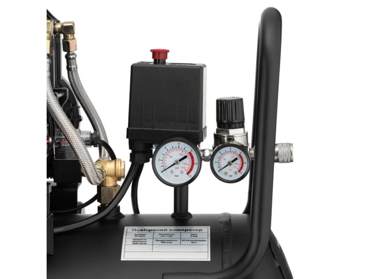 Компрессор 50 л, 2x1.1кВт, 220В, 8атм, 400 л/мин, 2800 об/мин, безмасляный, 4 цилиндра INTERTOOL PT-0030 
