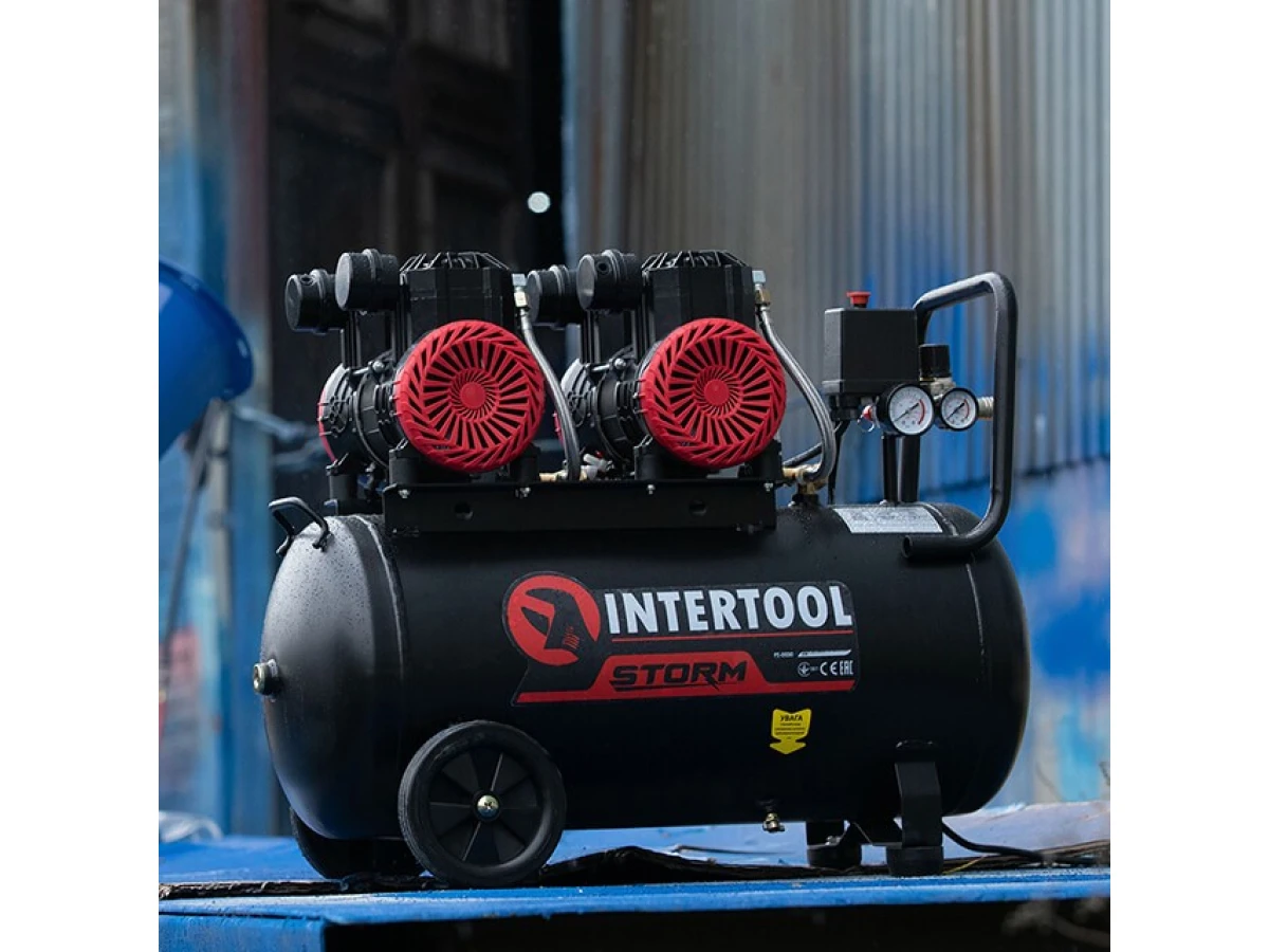 Компрессор 50 л, 2x1.1кВт, 220В, 8атм, 400 л/мин, 2800 об/мин, безмасляный, 4 цилиндра INTERTOOL PT-0030 
