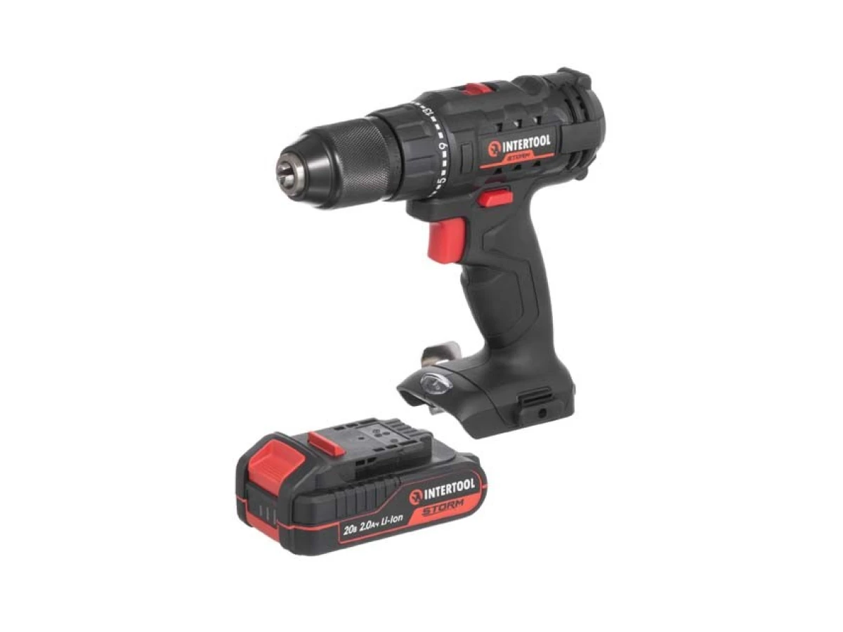 Дриль-шурупокрут акумуляторний 20 В, 35 Nm, 0-450/0-1500 об/хв., 2-13 мм, Li-Ion, 2.0 Аг, ЗП 2 А, кейс INTERTOOL WT-0350 