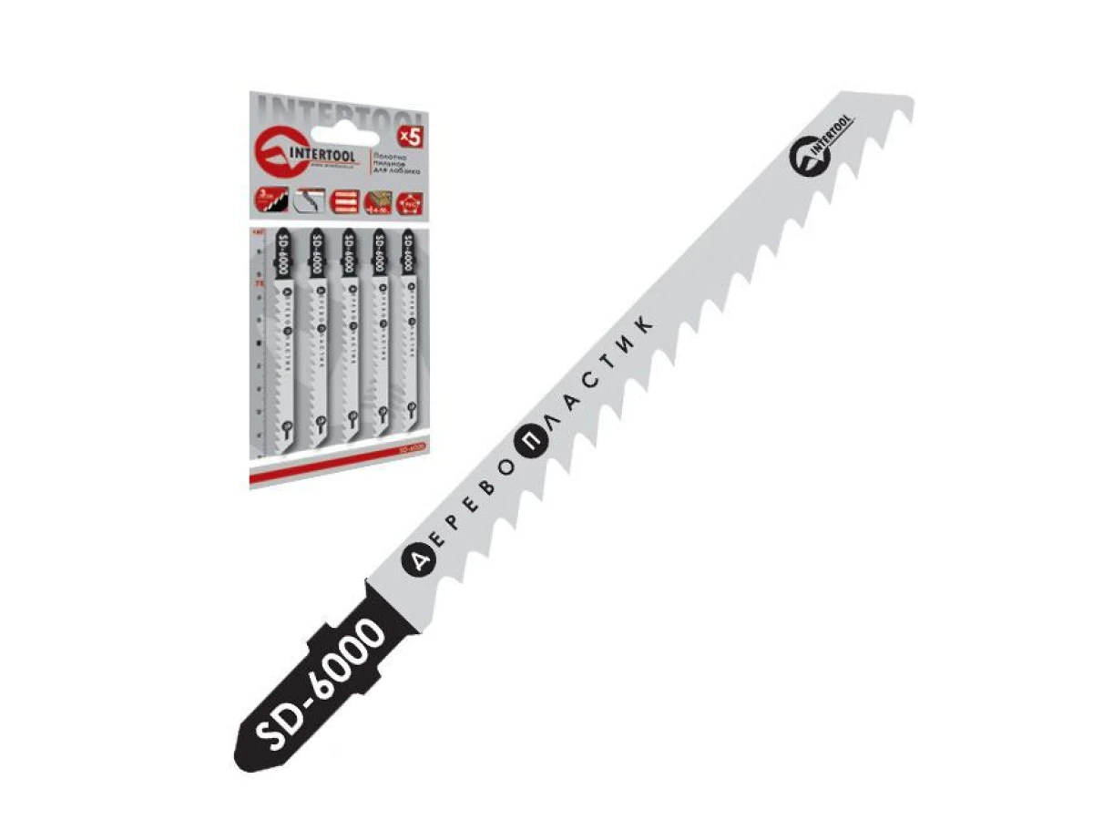 Набір полотен 5 од. для лобзика. Робоча довжина 75 мм, відстань між зубцями 3,0 мм, для роботи по деревині, ламінату, пластику. INTERTOOL SD-6000 