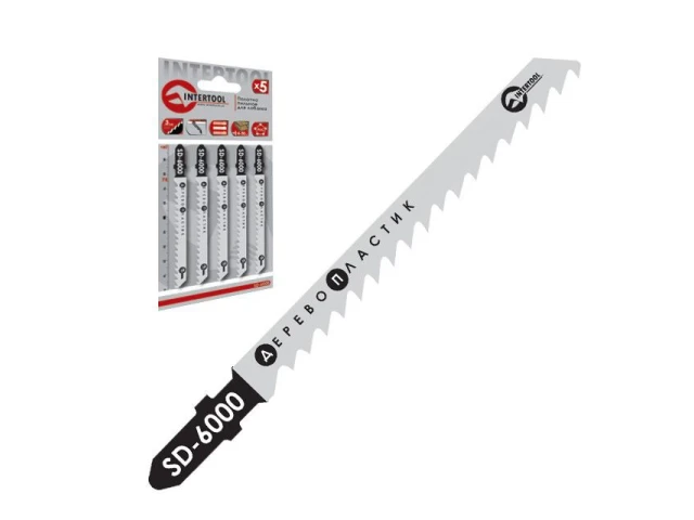 Набір полотен 5 од. для лобзика. Робоча довжина 75 мм, відстань між зубцями 3,0 мм, для роботи по деревині, ламінату, пластику. INTERTOOL SD-6000 