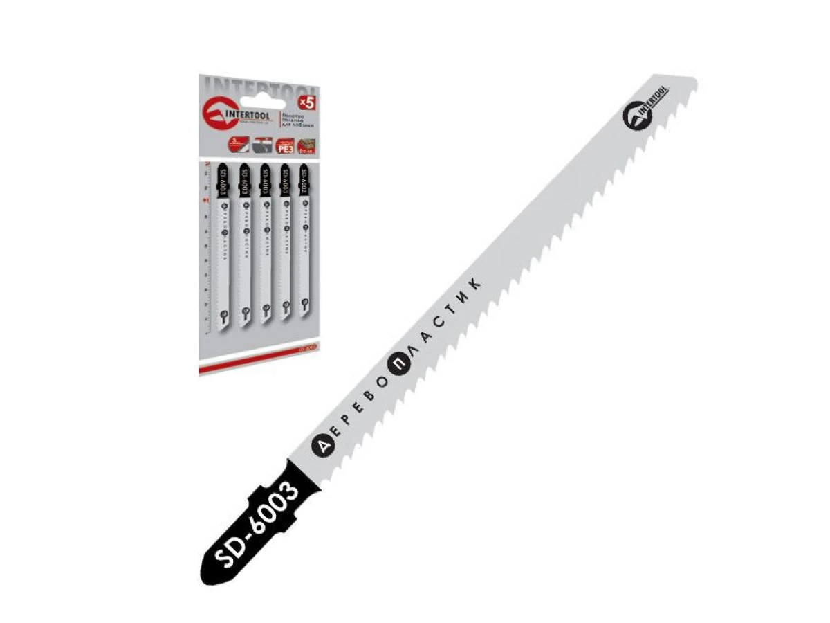 Набір полотен 5 од. для лобзика. Робоча довжина 90 мм, для роботи по деревині, ламінату, ізоляційному матеріалу, пластику. INTERTOOL SD-6003 