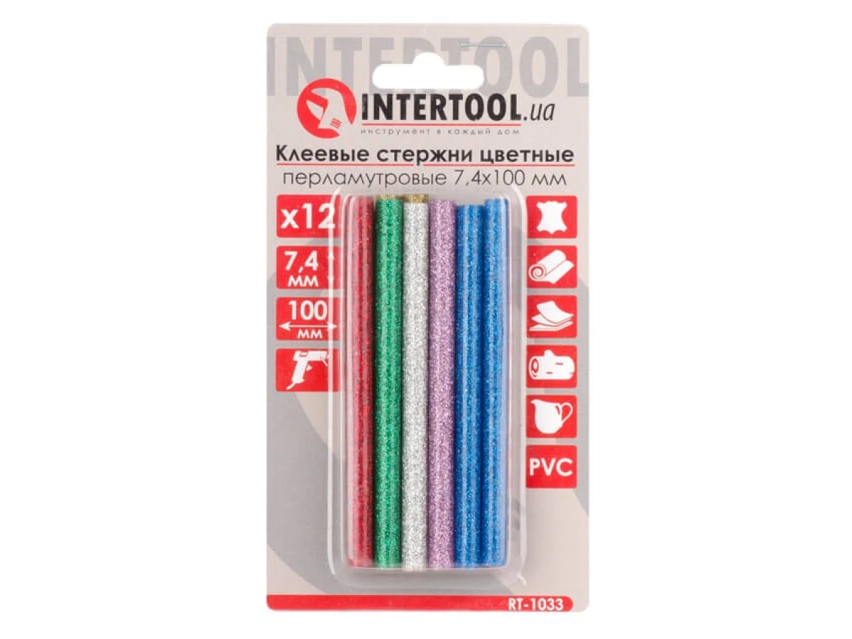 Комплект кольорових перламутрових клейових стрижнів 7,4 мм * 100 мм, 12 шт INTERTOOL RT-1033 