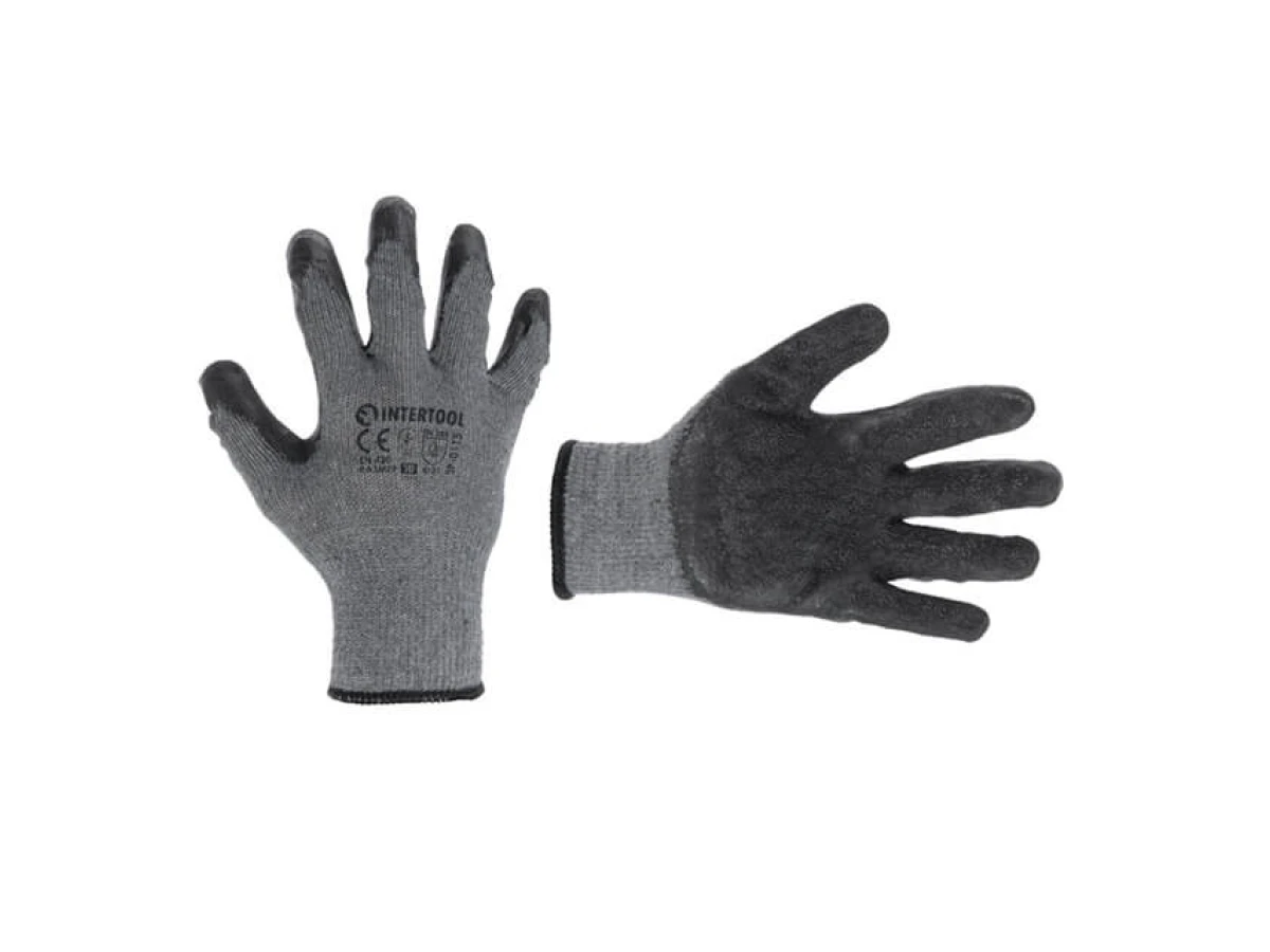 Перчатка трикотажная, хлопчатобумажная, серая, покрыта черным вспененным латексом, 10" INTERTOOL SP-0115 