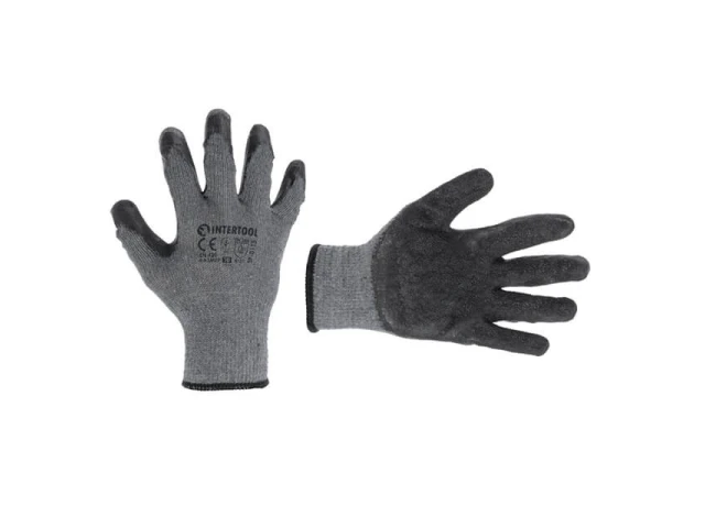 Перчатка трикотажная, хлопчатобумажная, серая, покрыта черным вспененным латексом, 10" INTERTOOL SP-0115 