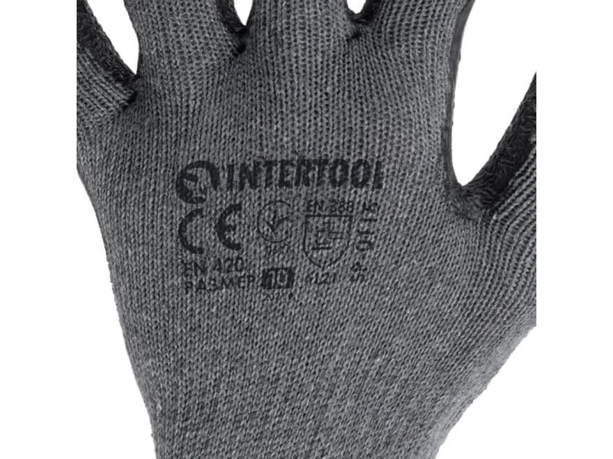 Перчатка трикотажная, хлопчатобумажная, серая, покрыта черным вспененным латексом, 10" INTERTOOL SP-0115 