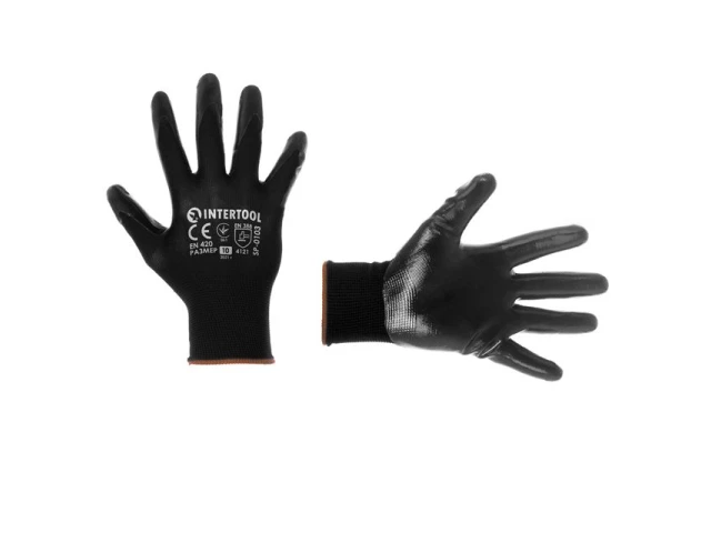 Перчатка трикотажная,синтетическая,черного цвета,с нитриловым покрытием черного цвета,10" INTERTOOL SP-0103 