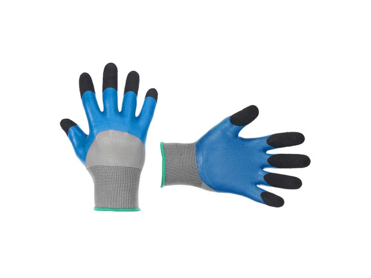 Перчатка трикотажная,синтетическая,усиленная,3/4 облив,покрытая вспененным латексом синего цвета,покрытие пальцев морщинистым латексом черного цвета,8 INTERTOOL SP-0105 