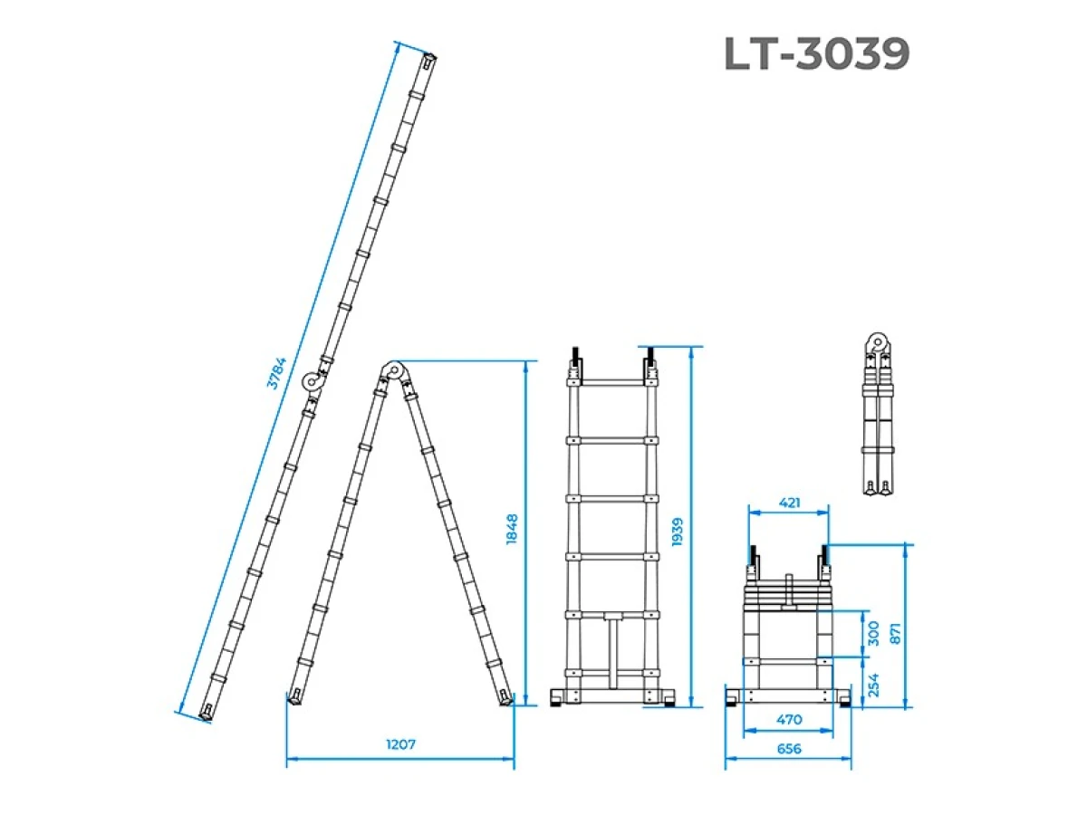 Лестница алюминиевая телескопическая раскладная универсальная, 12 ступ., 3,78 м INTERTOOL LT-3039 