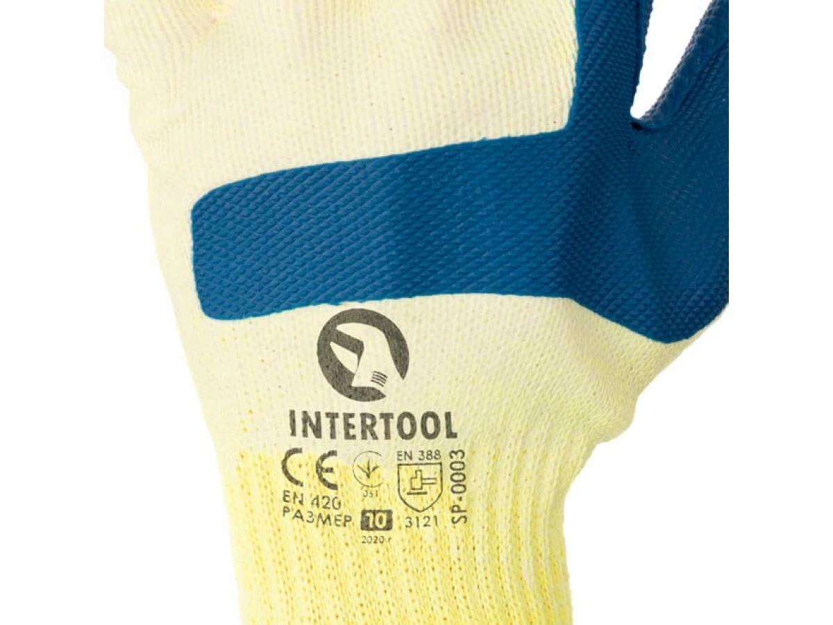 Перчатка трикотажная, поликоттон, стекольщика (каменщика), с двойным латексным покрытием синего цвета на ладони, с защитой суставов, 10" INTERTOOL SP-0003 