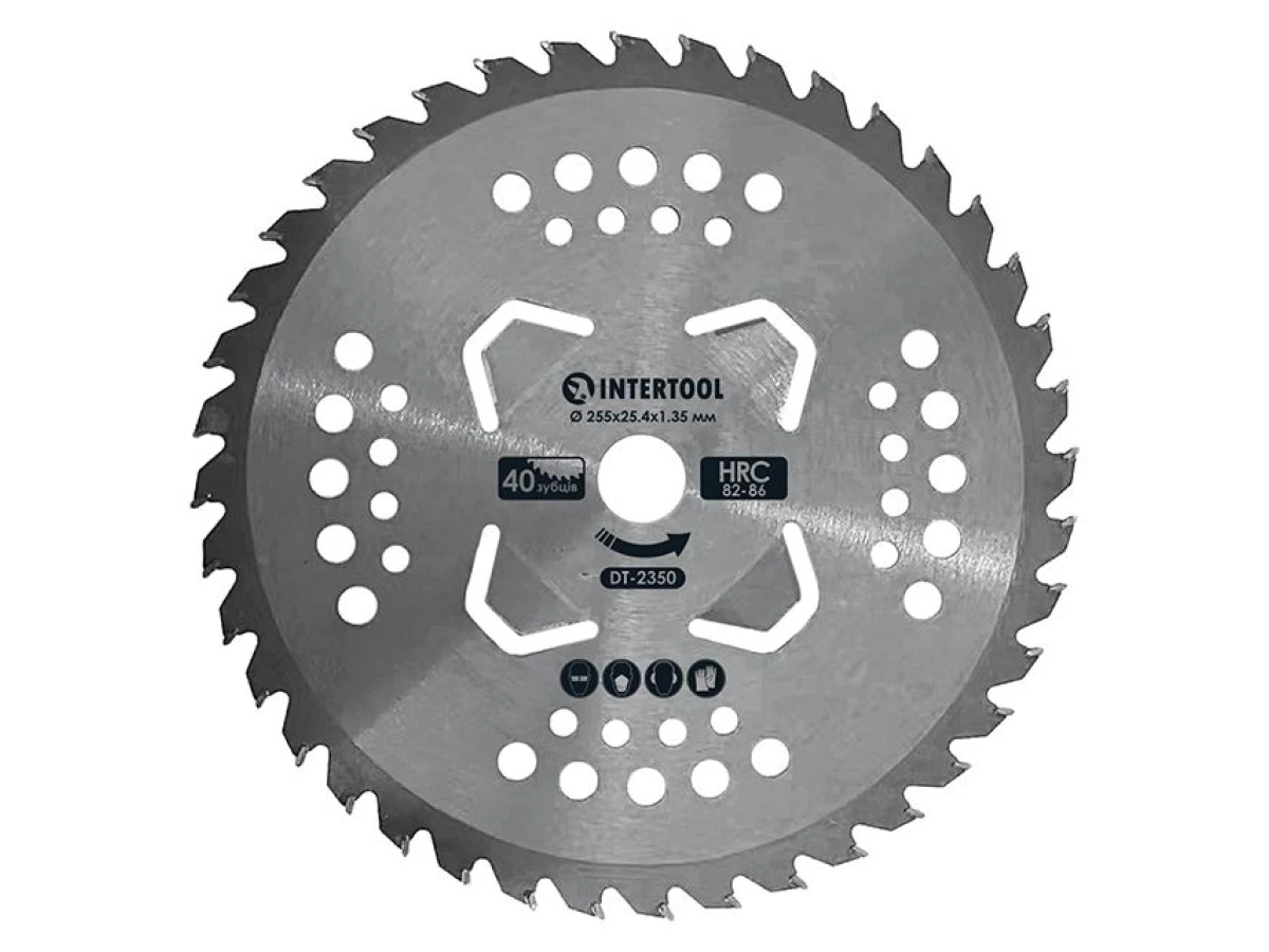 Ніж для мотокоси/тримера з твердосплавними напайками ø255х25.4х1.35 мм 40T, HRC 82-86, 4 підрізні лопаті INTERTOOL DT-2350 