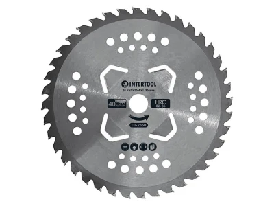 Ніж для мотокоси/тримера з твердосплавними напайками ø255х25.4х1.35 мм 40T, HRC 82-86, 4 підрізні лопаті INTERTOOL DT-2350