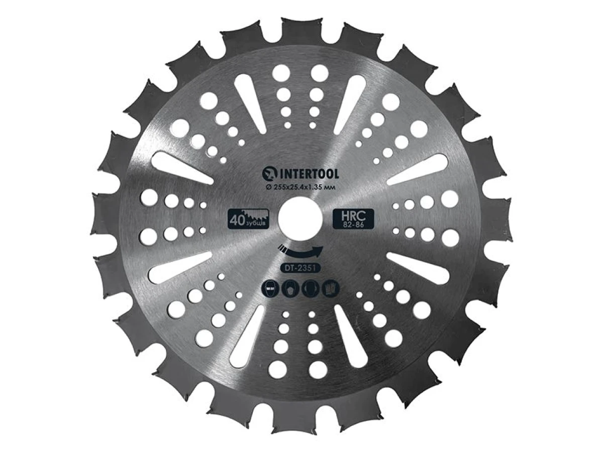 Ніж для мотокоси/тримера з твердосплавними напайками ø255x25.4x1.35 мм 40T, HRC 82-86, двосторонній INTERTOOL DT-2351 