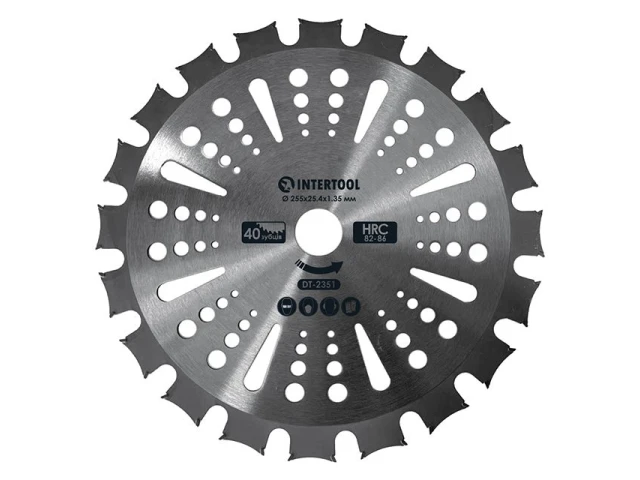 Ніж для мотокоси/тримера з твердосплавними напайками ø255x25.4x1.35 мм 40T, HRC 82-86, двосторонній INTERTOOL DT-2351 