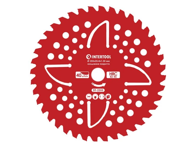 Ніж для мотокоси/тримера з твердосплавними напайками ø255x25.4x1.35 мм 40T, HRC 82-86, 4 підрізні лопаті, анодоване покриття INTERTOOL DT-2355 