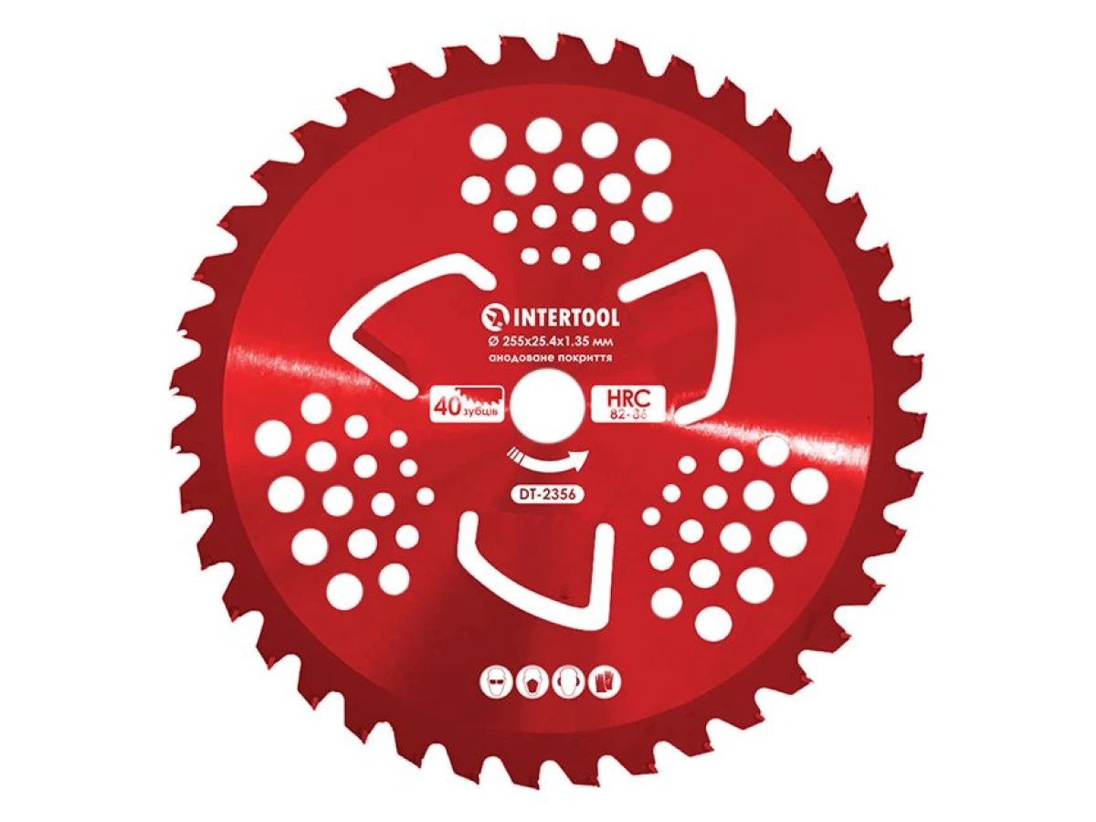 Ніж для мотокоси/тримера з твердосплавними напайками ø255x25.4x1.35 мм 40T, HRC 82-86, 3 підрізні лопаті, анодоване покриття INTERTOOL DT-2356 
