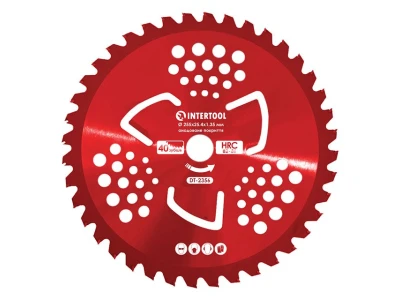 Ніж для мотокоси/тримера з твердосплавними напайками ø255x25.4x1.35 мм 40T, HRC 82-86, 3 підрізні лопаті, анодоване покриття INTERTOOL DT-2356