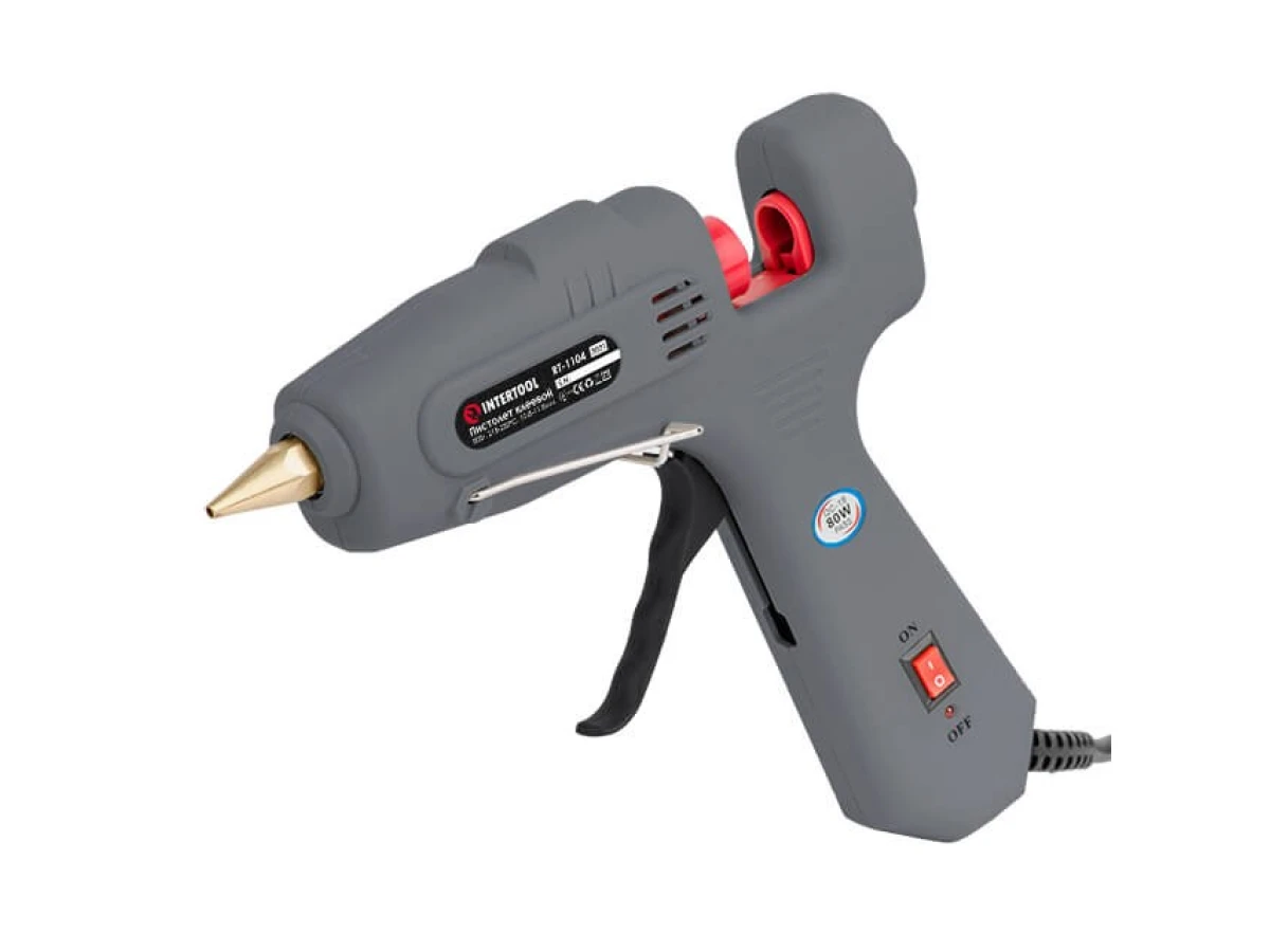 Пістолет клейовий 80 Вт, 230 В, 215-230°C під стрижні 10.8-11.5 мм, 13-30 г/хв. INTERTOOL RT-1104 