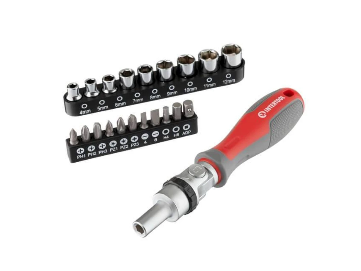 Викрутка реверсивна з карданом і комплектом насадок 21 од INTERTOOL VT-3360 