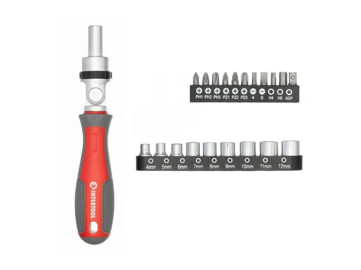 Викрутка реверсивна з карданом і комплектом насадок 21 од INTERTOOL VT-3360 