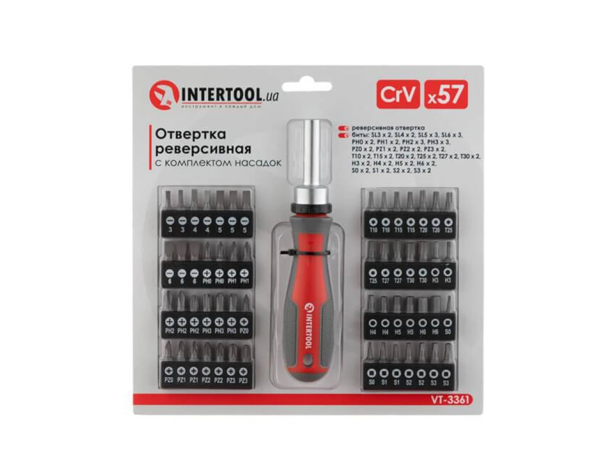 Викрутка реверсивна з комплектом насадок 57 од INTERTOOL VT-3361 