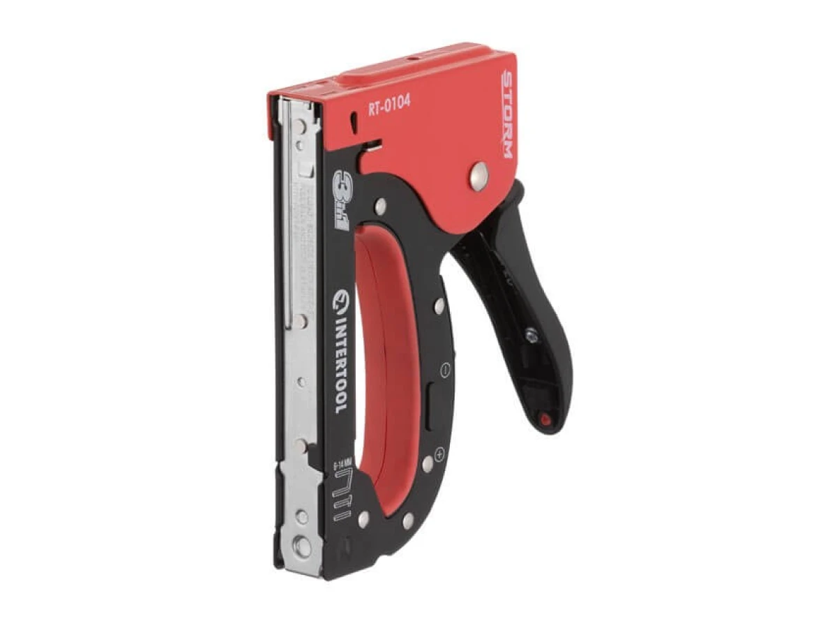 Степлер будівельний 3 в 1, під скобу 11.3*0.7*6-14 мм, цвях 14мм, шпилька 14мм. INTERTOOL RT-0104 