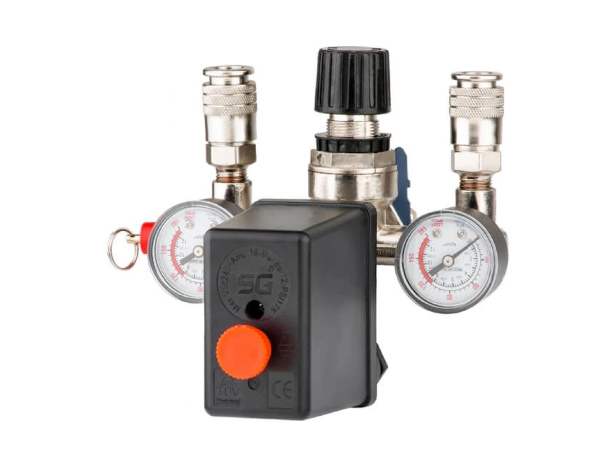 Прессостат 220В в сборе (прессостат, редуктор, 2 манометра, предохранительный клапан, два выхода) INTERTOOL PT-9094 