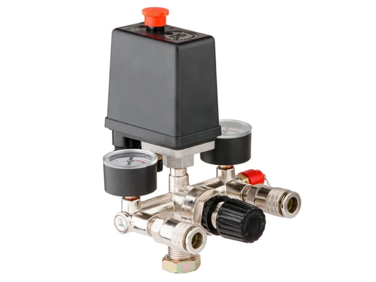 Прессостат 220В в сборе (прессостат, редуктор, 2 манометра, предохранительный клапан, два выхода) INTERTOOL PT-9094 