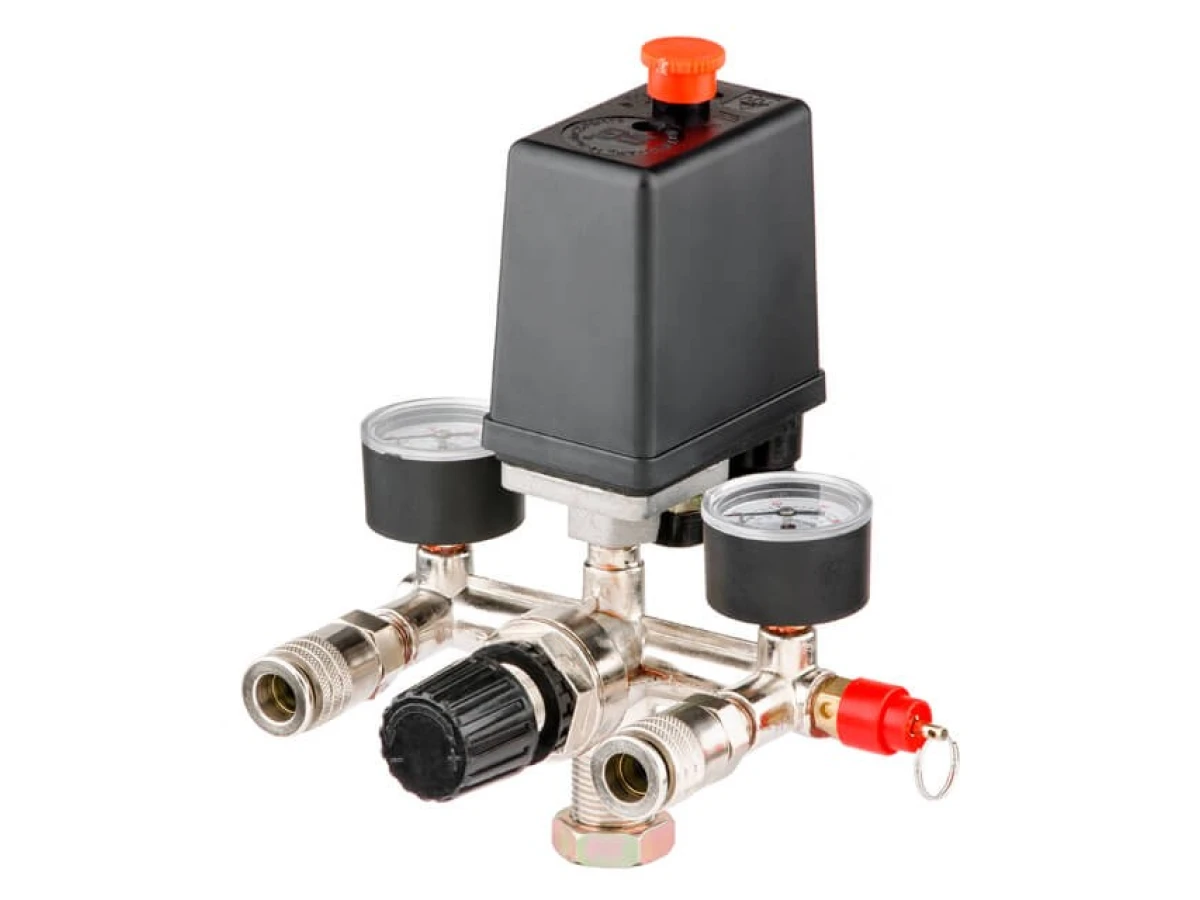 Прессостат 220В в сборе (прессостат, редуктор, 2 манометра, предохранительный клапан, два выхода) INTERTOOL PT-9094 