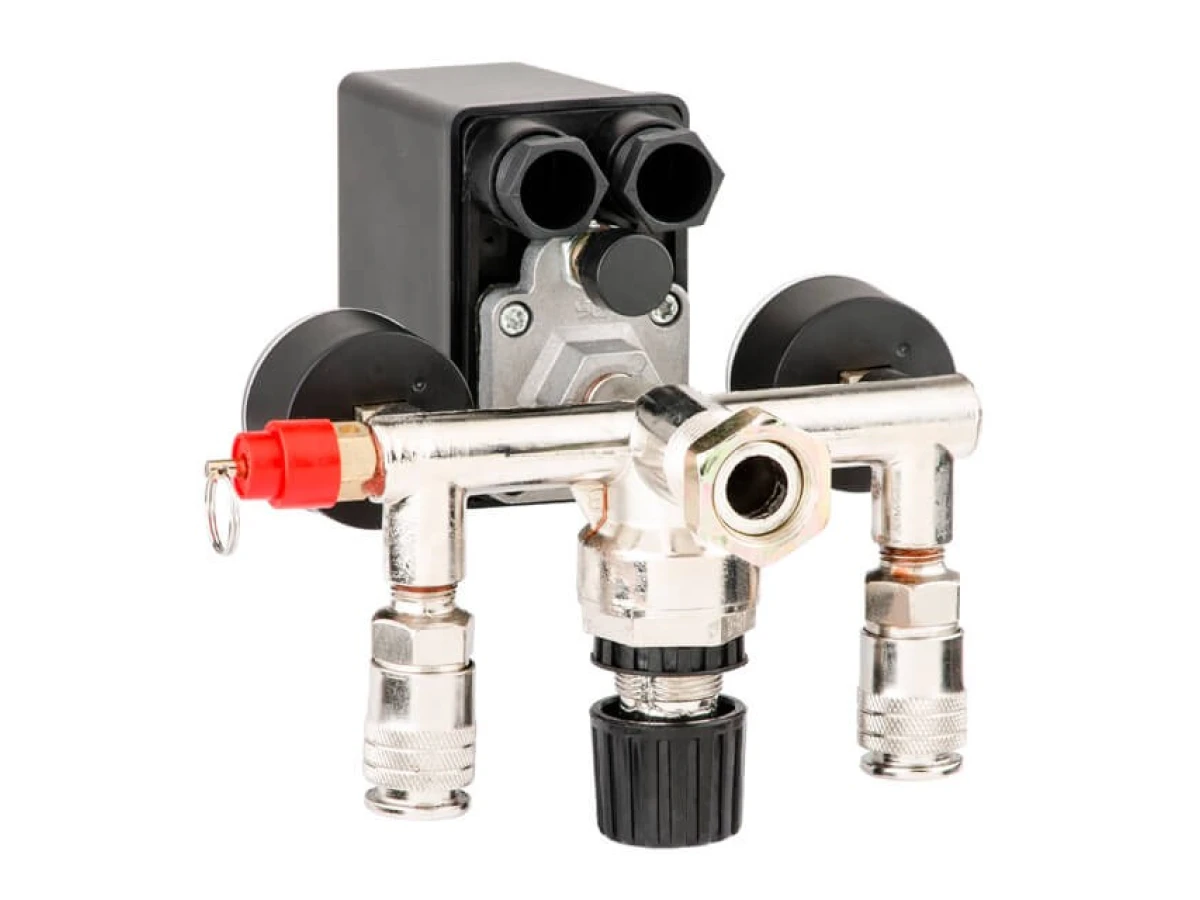 Прессостат 220В в сборе (прессостат, редуктор, 2 манометра, предохранительный клапан, два выхода) INTERTOOL PT-9094 