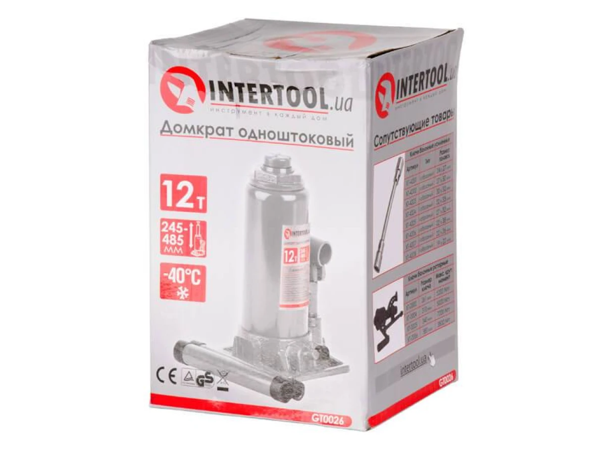 Домкрат "столбик" одноштоковый 12т, 245-485 мм INTERTOOL GT0026 