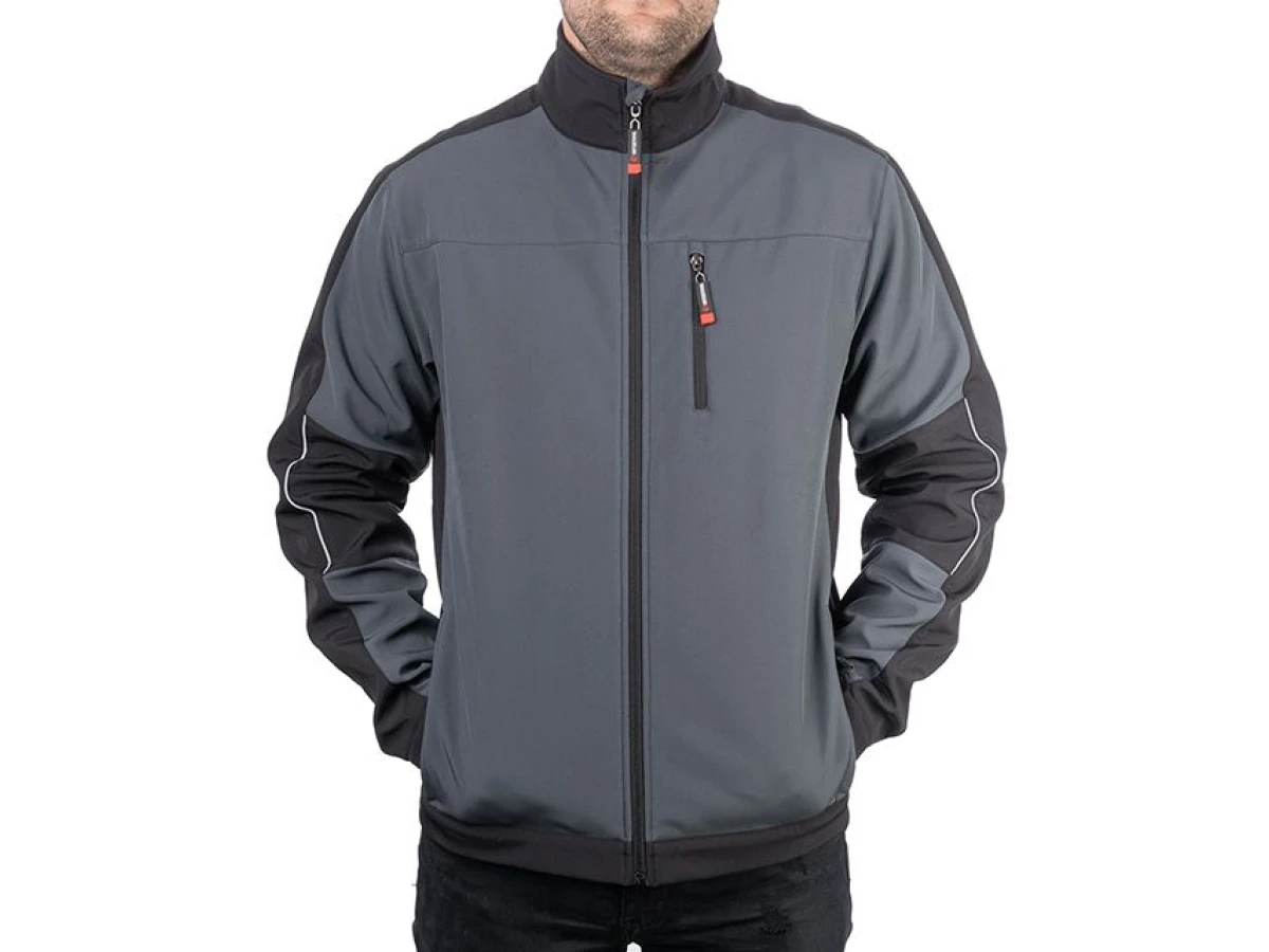 Куртка SOFTSHELL темно сіро-чорна, тришарова, тканина - стрейч 300 GSM 100D, з водо- і вітрозахистом, розмір S INTERTOOL SP-3131 