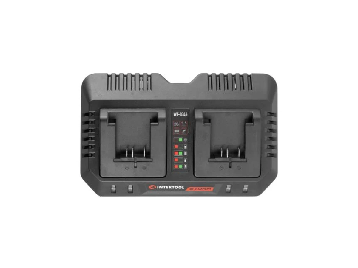 Пристрій зарядний для акумуляторів Li-ion 20 В, струм заряду 4.0+4.0 А, два термінали зарядки INTERTOOL WT-0346 