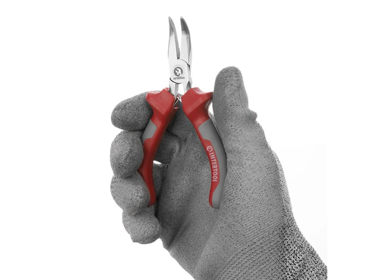 Плоскогубці подовжені вигнуті прецизійні з двокомпонентними накладками на рукоятки, 115 мм INTERTOOL NT-0103 