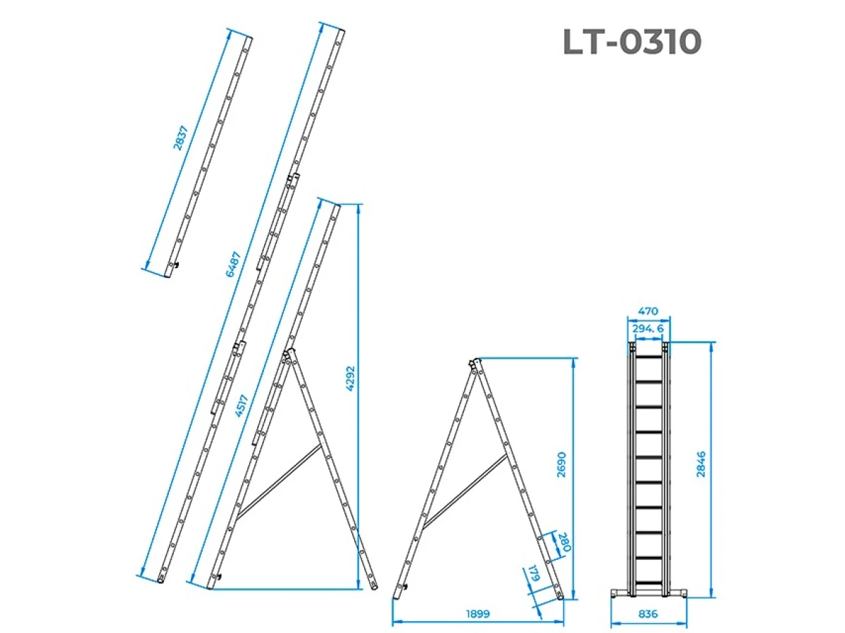 Лестница алюминиевая 3-х секционная универсальная раскладная 3*10 ступ. 6,48 м INTERTOOL LT-0310 