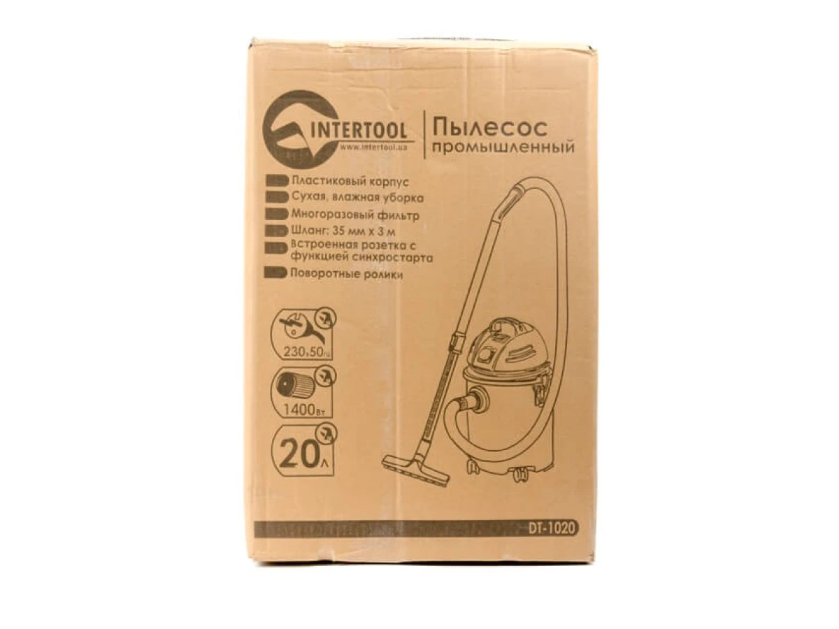 Пилосос будівельний 20 л, 1400 Вт, сухе та вологе прибирання, багаторазовий складаний фільтр, фільтр-пакет INTERTOOL DT-1020 