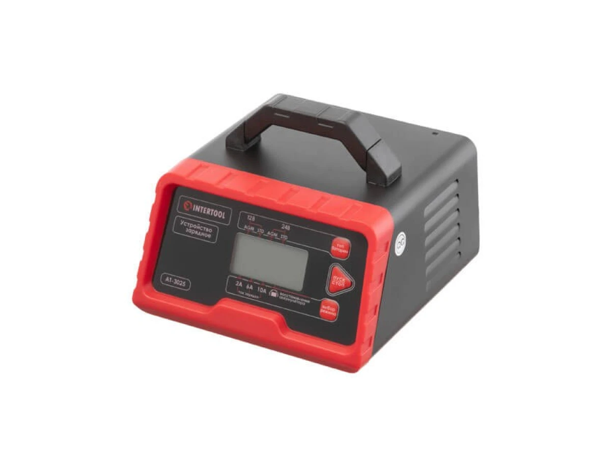 Устройство зарядное для аккумуляторов 12 В-2/6/10 А, 24 В-2/6 А, 2.2-200 Ач, LCD-дисплей, режим восстановления аккумулятора, с микропроцессором INTERTOOL AT-3025 