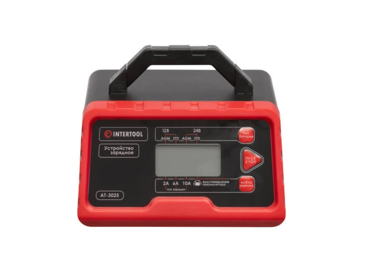 Устройство зарядное для аккумуляторов 12 В-2/6/10 А, 24 В-2/6 А, 2.2-200 Ач, LCD-дисплей, режим восстановления аккумулятора, с микропроцессором INTERTOOL AT-3025 