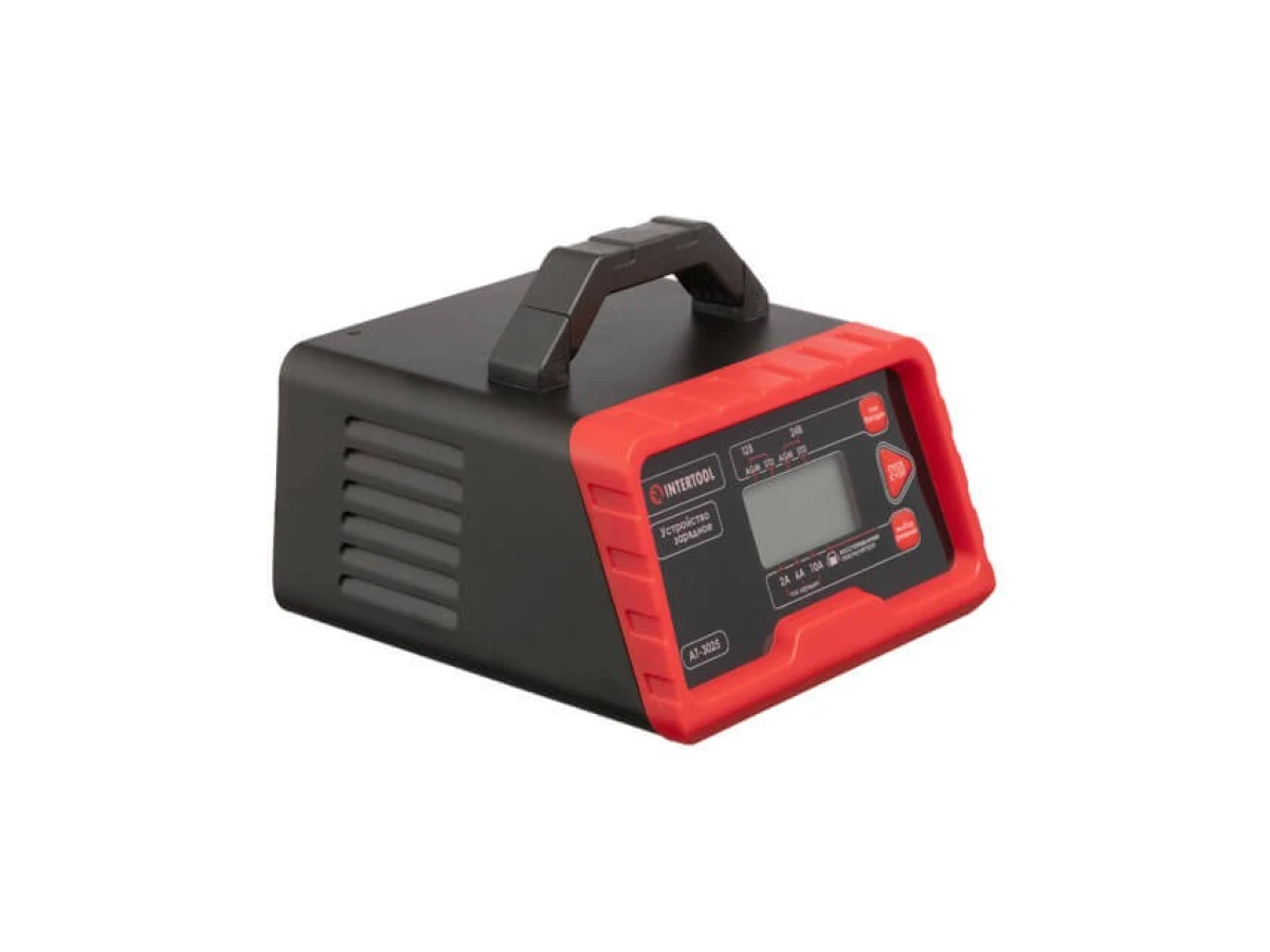 Устройство зарядное для аккумуляторов 12 В-2/6/10 А, 24 В-2/6 А, 2.2-200 Ач, LCD-дисплей, режим восстановления аккумулятора, с микропроцессором INTERTOOL AT-3025 