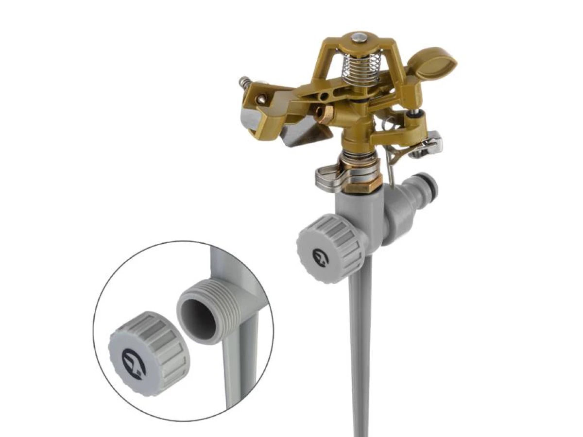 Дождеватель пульсирующий с полной/частичной зоной полива на костыле, круг/сектор полива до 12 м. Brass, Zinc all INTERTOOL GE-0052 