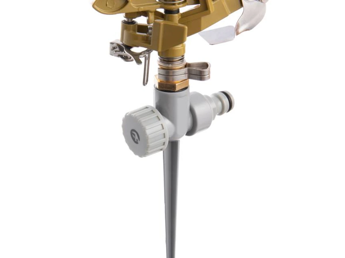 Дождеватель пульсирующий с полной/частичной зоной полива на костыле, круг/сектор полива до 12 м. Brass, Zinc all INTERTOOL GE-0052 