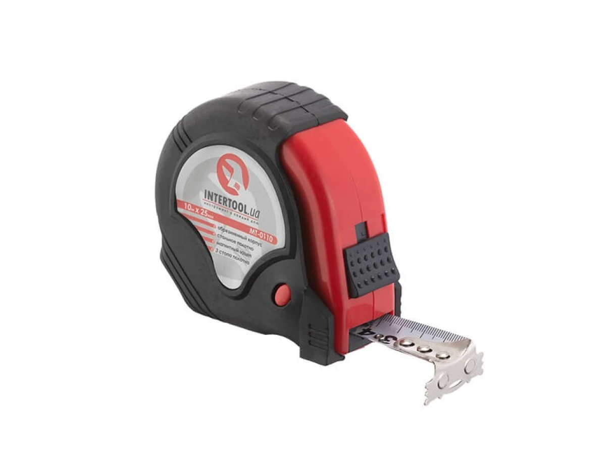 Рулетка з металевим полотном 10м x 25мм, три стопора полотна INTERTOOL MT-0110 