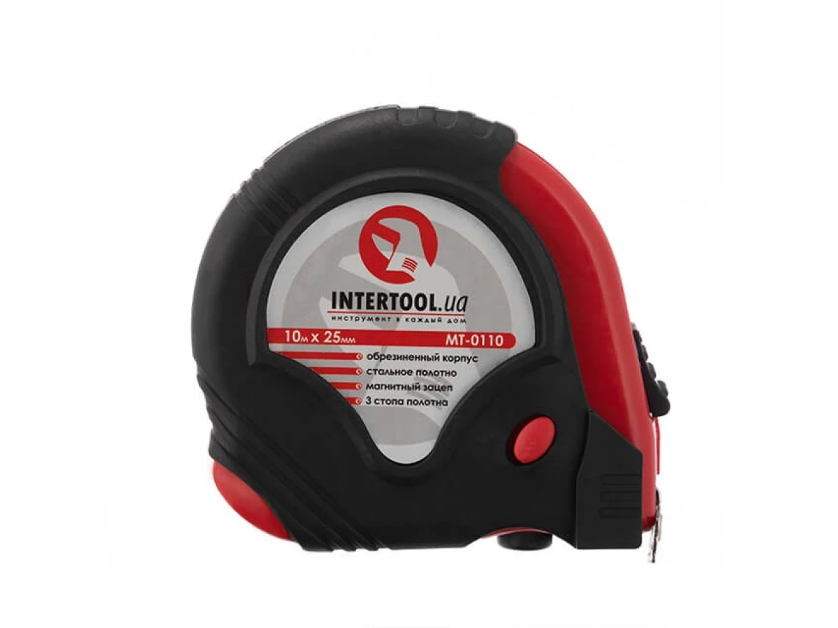 Рулетка з металевим полотном 10м x 25мм, три стопора полотна INTERTOOL MT-0110 