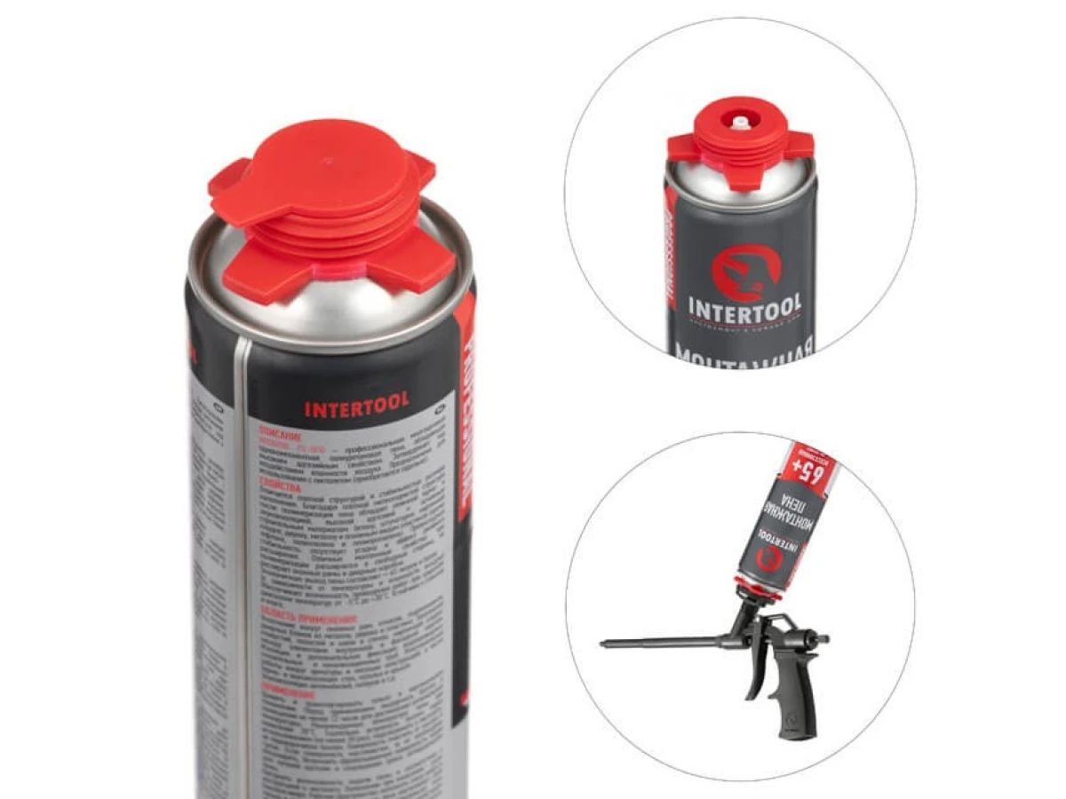 Піна монтажна професійна, всесезонна, 750 мл / 1000 г, 65+ л, під пістолет INTERTOOL FS-1010 